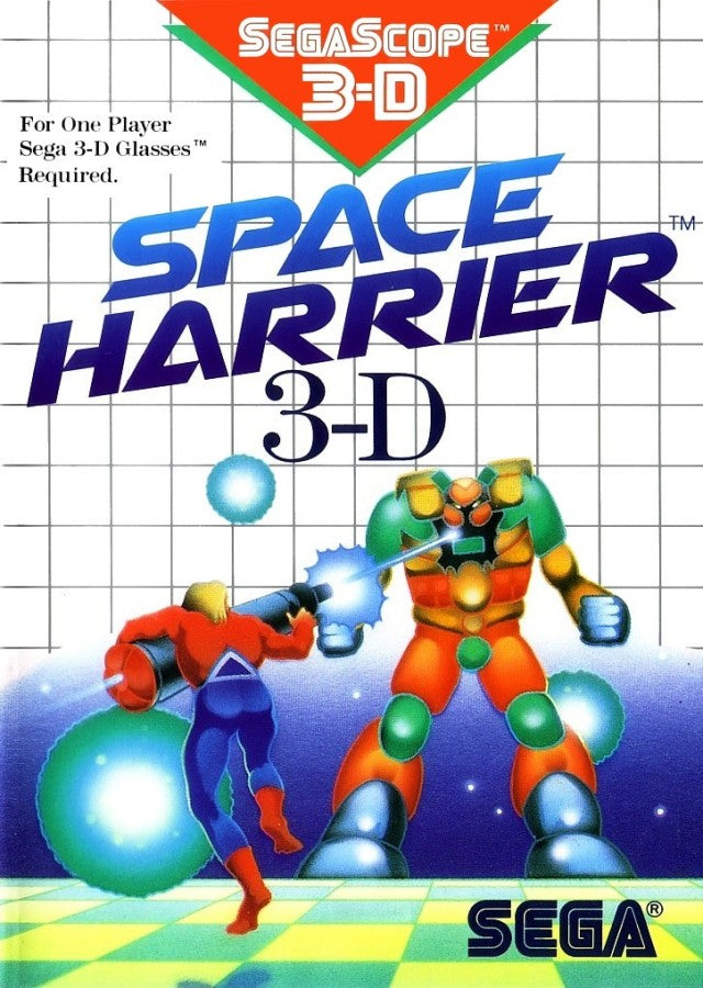 Space Harrier 3D Sega Master System SMS for arcade rail shooter video game fans featuring fast paced 3D action futuristic environments flying combat enemy creatures powerful weapons challenging stages boss battles and classic Sega Master System gameplay collectible retro gaming appeal front cover art