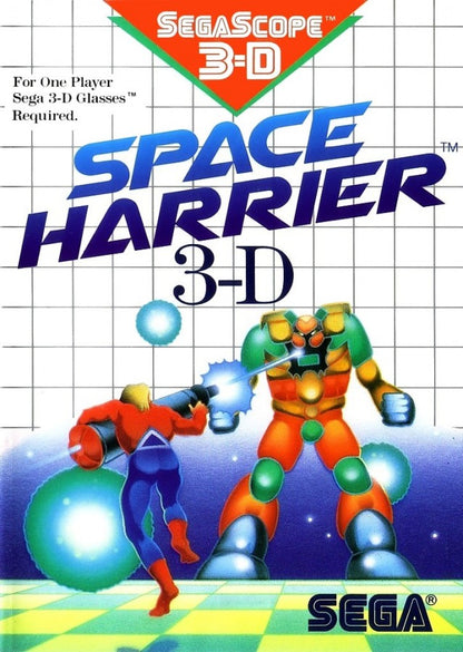 Space Harrier 3D Sega Master System SMS for arcade rail shooter video game fans featuring fast paced 3D action futuristic environments flying combat enemy creatures powerful weapons challenging stages boss battles and classic Sega Master System gameplay collectible retro gaming appeal front cover art