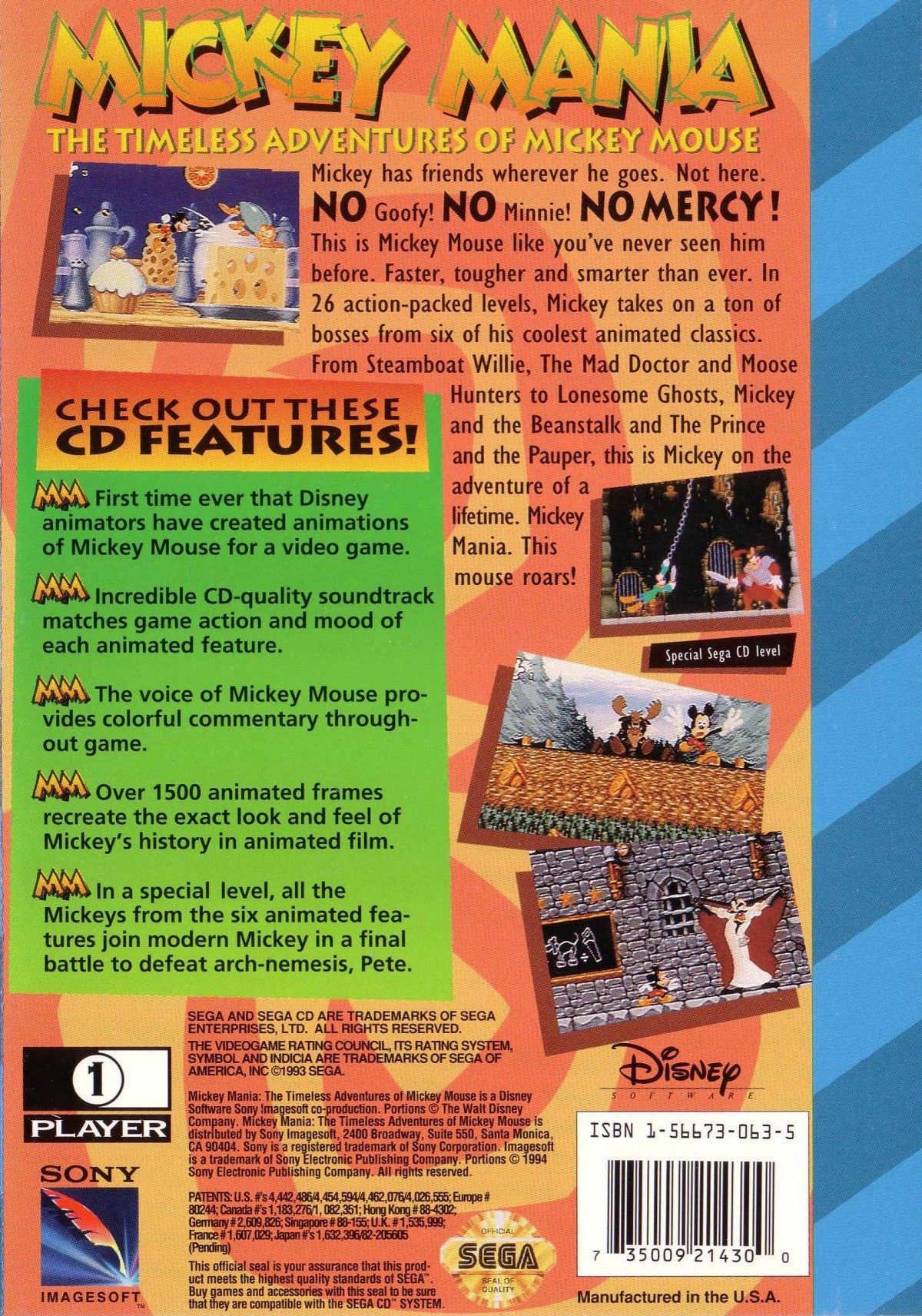 Mickey Mania Sega CD Sega Genesis Disney platformer starring Mickey Mouse animated cartoon inspired levels side scrolling action puzzle platforming enhanced CD audio FMV intro classic Disney gameplay retro gaming Sega CD software video game title back cover art