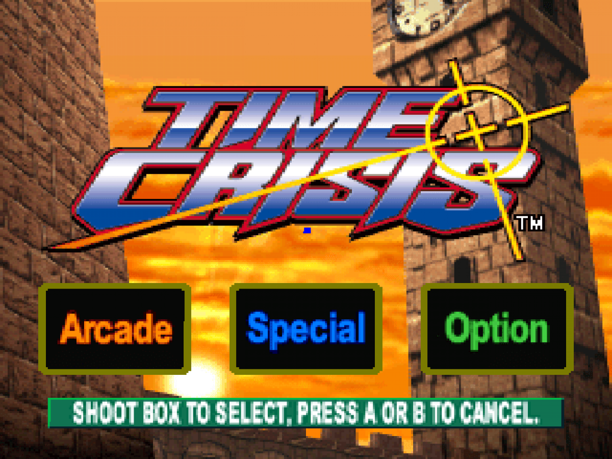 Time Crisis home screen for PlayStation 1 (PS1) light gun shooter video game