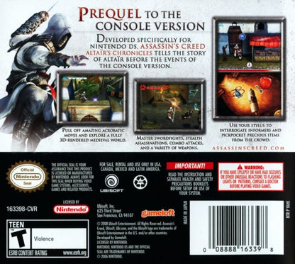 Assassin’s Creed: Altair’s Chronicles for Nintendo DS action adventure stealth game featuring historical missions, platforming and combat, puzzle solving, and stylus based handheld Assassin’s Creed gameplay experience back cover