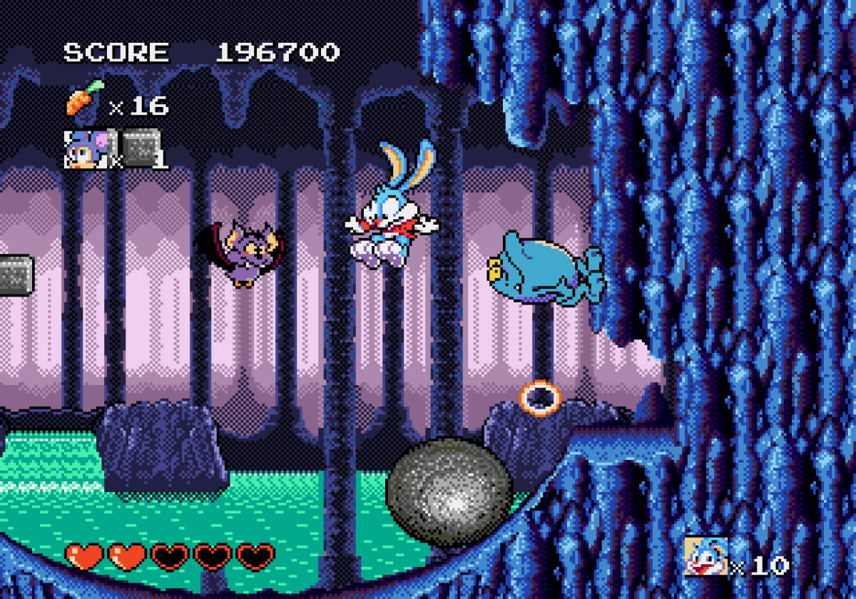 Tiny Toon Adventures Busters Hidden Treasure retro Sega Genesis video game featuring side scrolling platform gameplay, cartoon character action, obstacle challenges and classic Genesis entertainment - gameplay