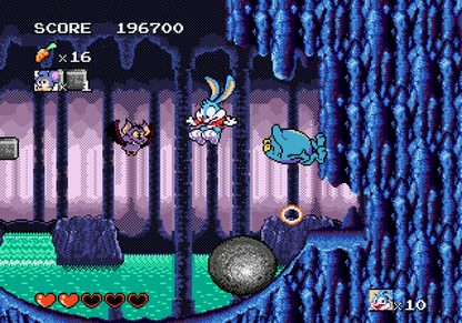 Tiny Toon Adventures Busters Hidden Treasure retro Sega Genesis video game featuring side scrolling platform gameplay, cartoon character action, obstacle challenges and classic Genesis entertainment - gameplay