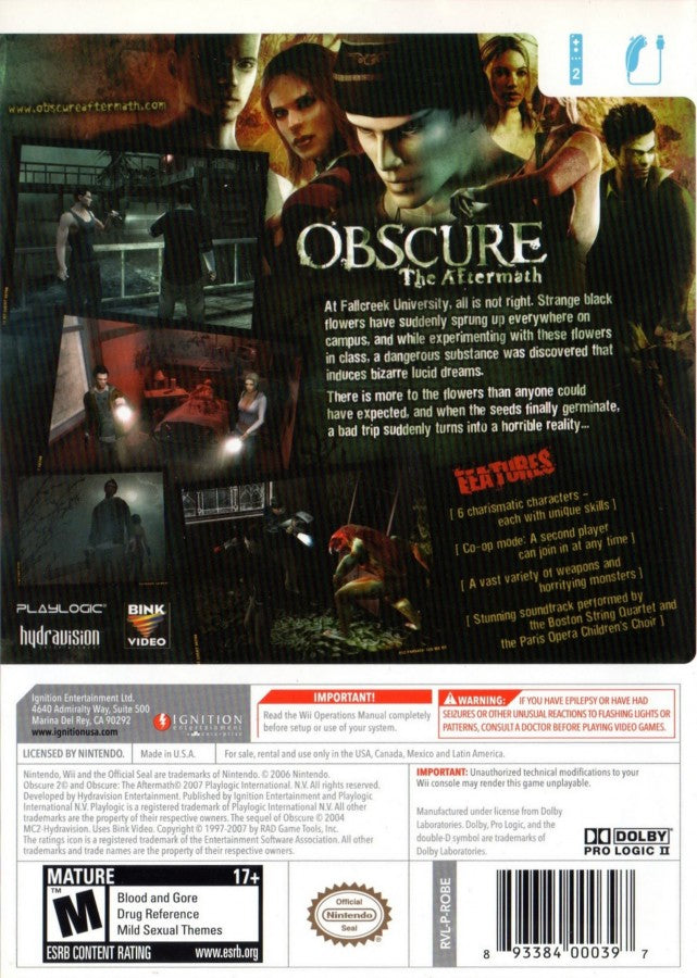 Obscure: The Aftermath back cover art for Nintendo Wii (Wii) featuring survival horror gameplay and cooperative action adventure. 