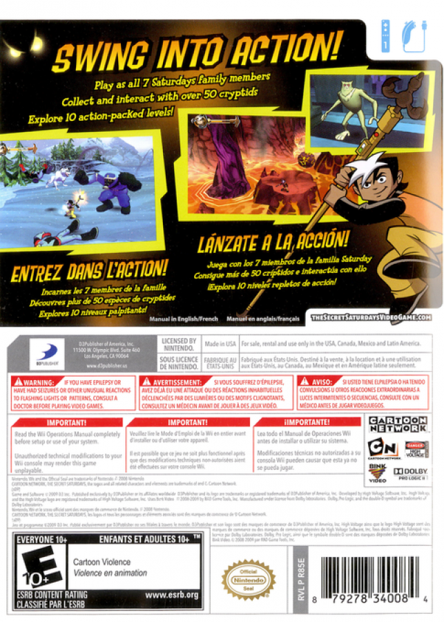 The Secret Saturdays: Beasts of the 5th Sun back cover art for Nintendo Wii (Wii) featuring action‑adventure gameplay with cryptid creatures, motion‑controlled combat, and missions inspired by the animated TV series.