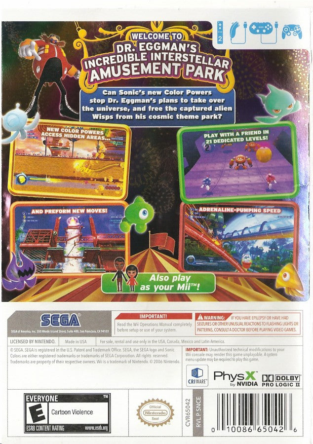 Sonic Colors – Nintendo Wii (Wii) 3D platformer action-adventure video game back of case