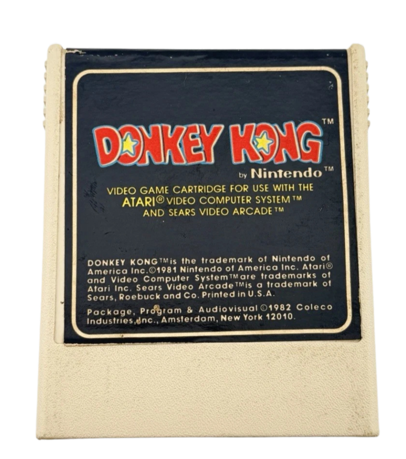 Donkey Kong Coleco for Atari 2600, cartridge for an arcade platformer video game with ladder climbing, obstacle-dodging gameplay, retro action challenges, and classic home console fun