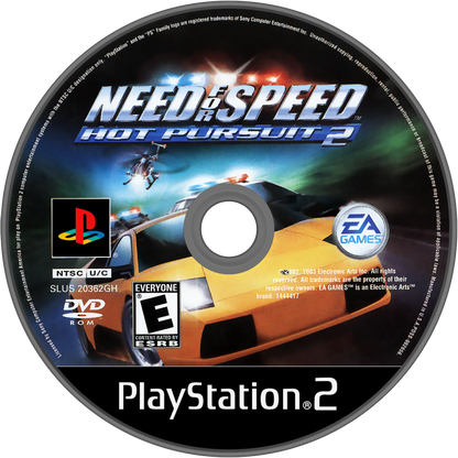 Need for Speed Hot Pursuit 2 PlayStation 2 PS2 for arcade racing video game fans featuring high speed exotic cars police pursuits intense chases customizable vehicles challenging race events shortcuts and scenic tracks police roadblocks and classic EA racing gameplay collectible gaming appeal game disc