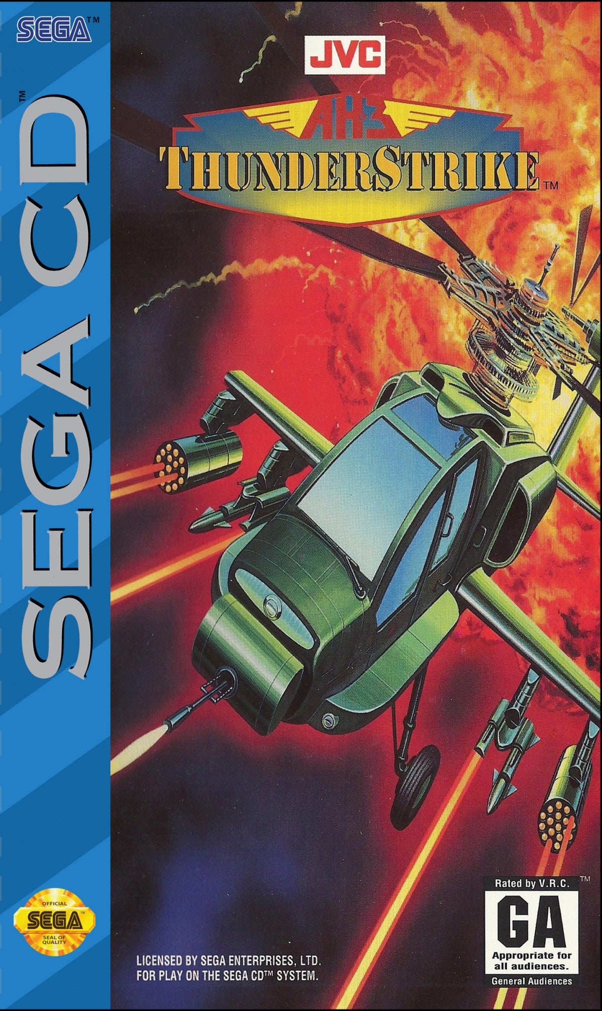 AH-3 Thunderstrike Sega CD helicopter combat flight shooter arcade style aerial missions military action top down shooting bombing runs fast paced gameplay CD audio soundtrack retro gaming Sega CD software video game title cover art