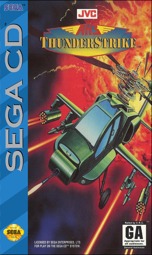 AH-3 Thunderstrike Sega CD helicopter combat flight shooter arcade style aerial missions military action top down shooting bombing runs fast paced gameplay CD audio soundtrack retro gaming Sega CD software video game title cover art