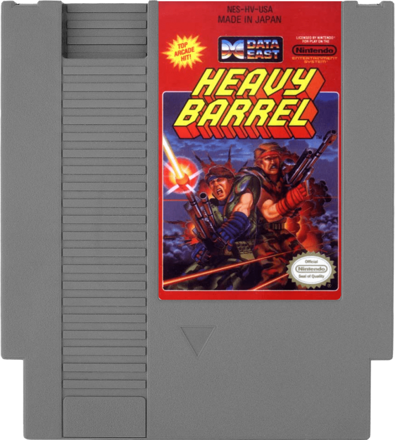 Heavy Barrel Complete in Box CIB Nintendo Entertainment System NES for retro video game enthusiasts featuring top down action shooter gameplay military combat missions powerful weapon upgrades cooperative arcade style action challenging enemy forces complete in box collectible gaming appeal cartrdige