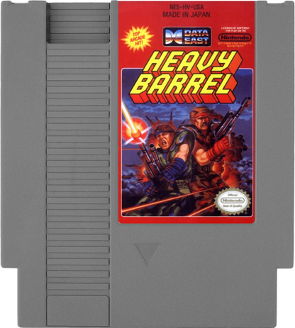 Heavy Barrel Complete in Box CIB Nintendo Entertainment System NES for retro video game enthusiasts featuring top down action shooter gameplay military combat missions powerful weapon upgrades cooperative arcade style action challenging enemy forces complete in box collectible gaming appeal cartrdige