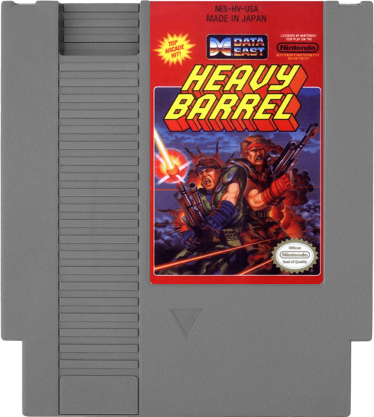 Heavy Barrel Complete in Box CIB Nintendo Entertainment System NES for retro video game enthusiasts featuring top down action shooter gameplay military combat missions powerful weapon upgrades cooperative arcade style action challenging enemy forces complete in box collectible gaming appeal cartrdige