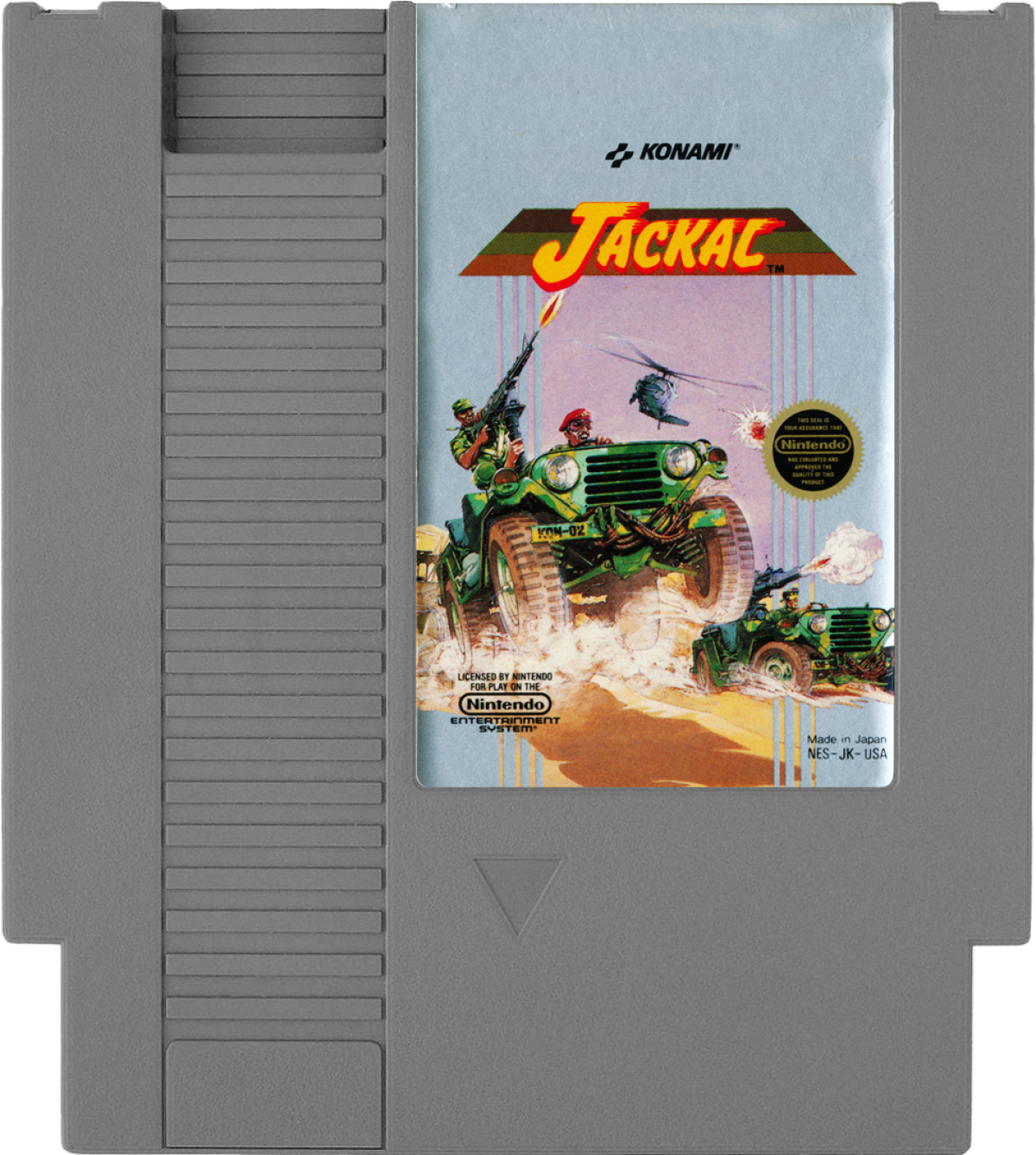 Jackal Nintendo Entertainment System NES video game, top-down action shooter, military combat gameplay, classic Konami retro title cartridge