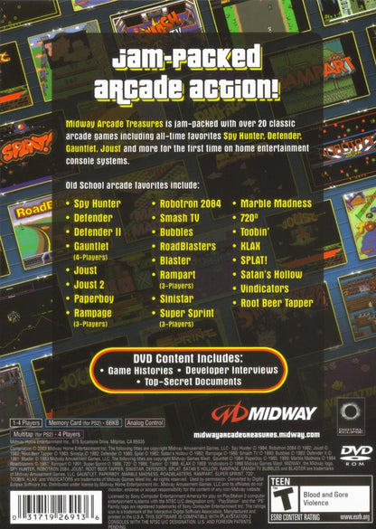 Midway Arcade Treasures back cover art for PlayStation 2 (PS2) featuring a compilation of over 20 classic arcade games including Defender, Joust, and Spy Hunter.