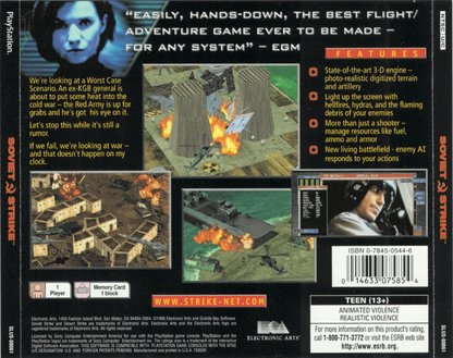 Soviet Strike PlayStation 1 PS1 helicopter combat action video game Electronic Arts sequel to Desert Strike mission-based gameplay striking Soviet Union forces campaign saving hostages destroying targets Cold War era back cover art 