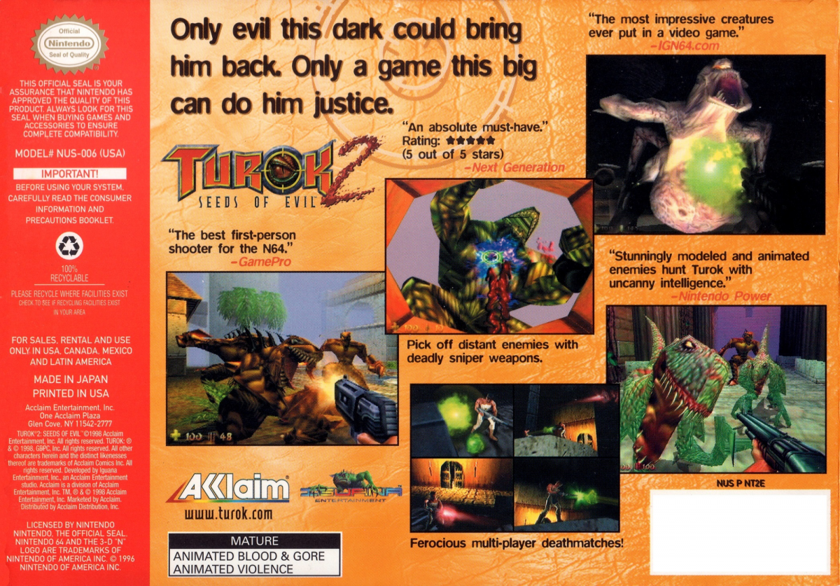 Turok 2: Seeds of Evil [Black Cart]– Nintendo 64 (N64) back cover art for video game