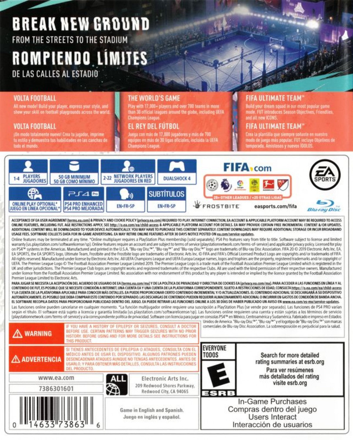 FIFA 20 retro PlayStation 4 video game featuring realistic football gameplay, online multiplayer matches, Ultimate Team competition and classic PS4 entertainment - back of case