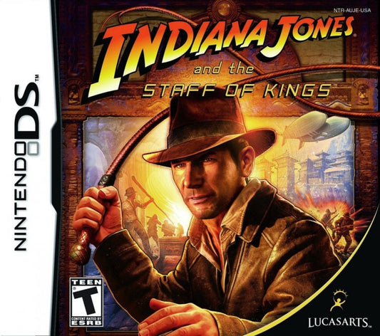 Indiana Jones and the Staff of Kings Nintendo DS video game featuring classic LucasArts action adventure gameplay whip combat puzzle solving touch screen controls and cinematic treasure hunting storyline cover art