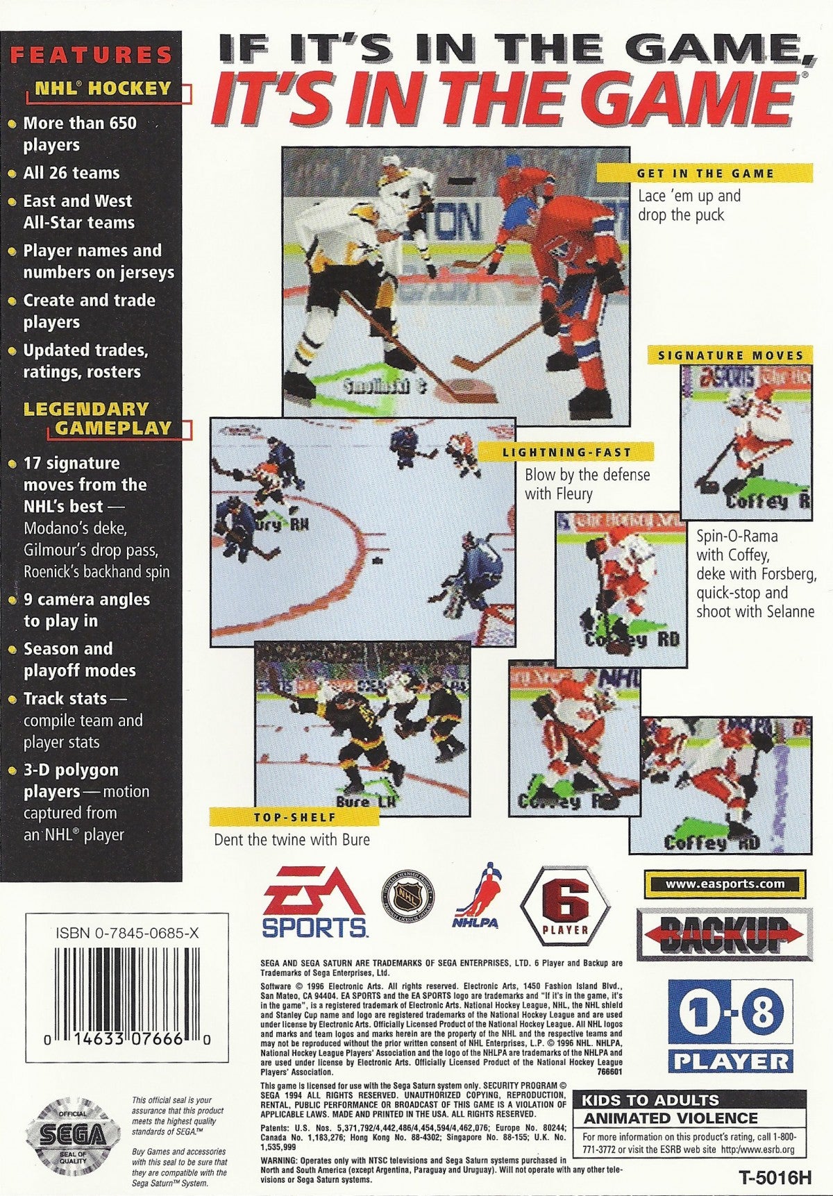 NHL 97 Sega Saturn for hockey sports video game fans featuring official NHL teams and players fast paced on ice gameplay season and exhibition modes realistic hockey action multiplayer competition classic EA Sports presentation retro Sega Saturn gaming collectible appeal back cover art