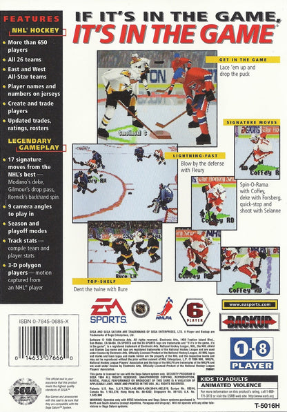 NHL 97 Sega Saturn for hockey sports video game fans featuring official NHL teams and players fast paced on ice gameplay season and exhibition modes realistic hockey action multiplayer competition classic EA Sports presentation retro Sega Saturn gaming collectible appeal back cover art