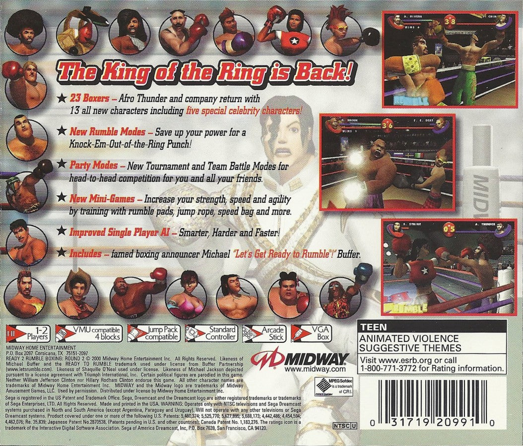 Ready 2 Rumble Boxing Round 2 Sega Dreamcast DC for arcade boxing video game fans featuring colorful boxers intense matches powerful punches knockout action special moves training modes championship fights and fast paced Sega Dreamcast gameplay collectible retro gaming appeal back cover art