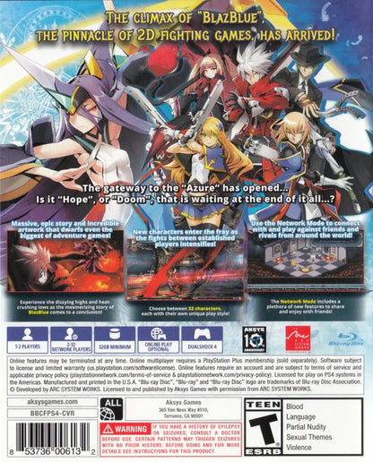 BlazBlue: Central Fiction retro PS4 video game BlazBlue Central Fiction anime fighting game arcade style combat fast paced battles competitive multiplayer 2D fighter console release back cover 