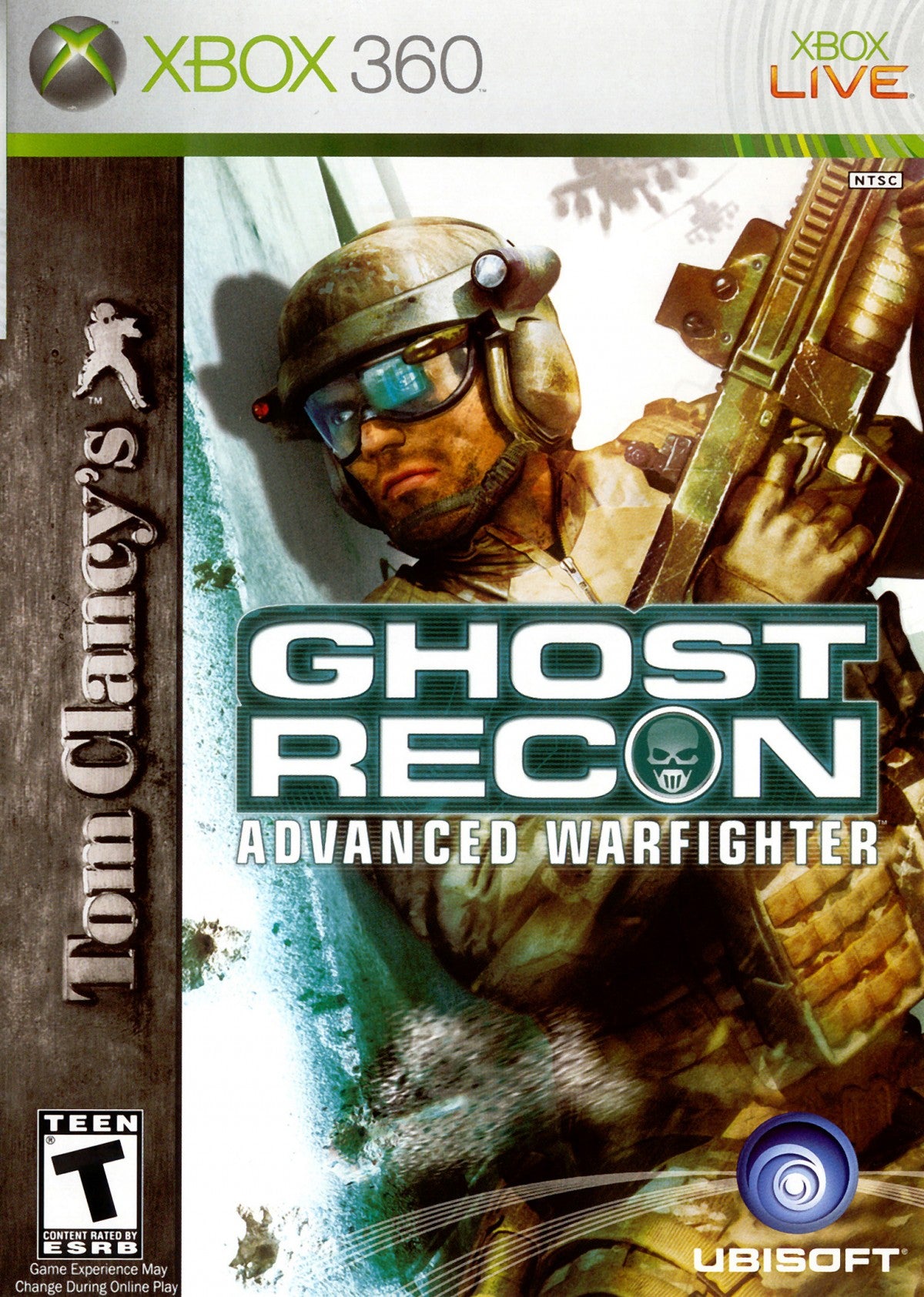 Tom Clancy's Ghost Recon Advanced Warfighter Xbox 360 tactical shooter featuring squad based military combat near future battlefield technology first person gameplay online multiplayer modes and strategic mission based warfare by Ubisoft cover 