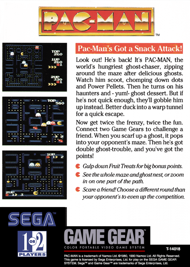 Pac-Man back cover art for Sega Game Gear (GG) video game