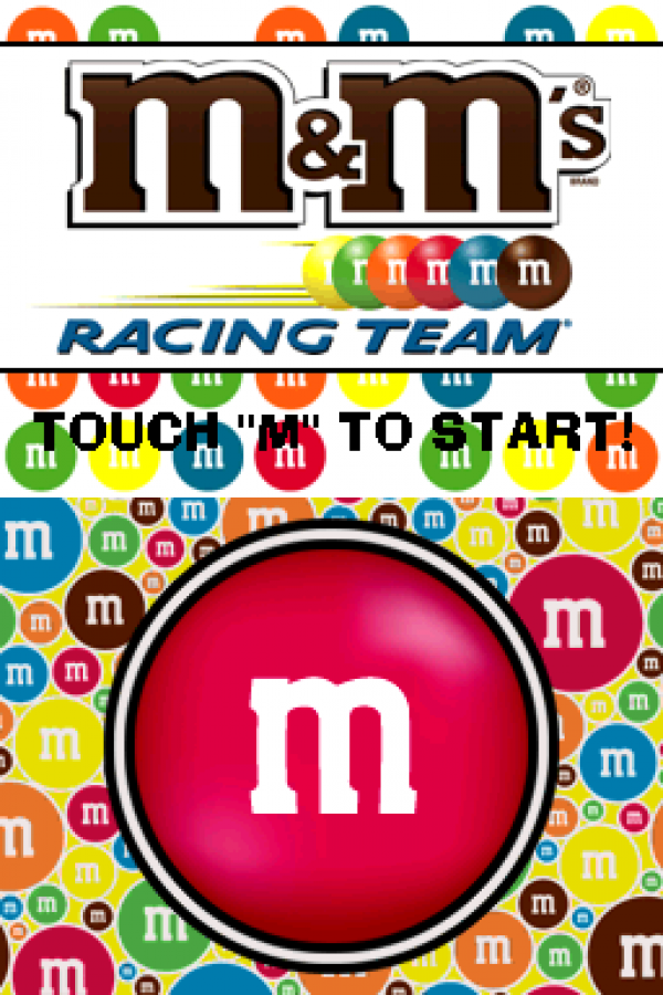 M&M’s Kart Racing Nintendo DS video game, arcade-style racing, colorful candy-themed tracks, family-friendly handheld console title main menu title screen