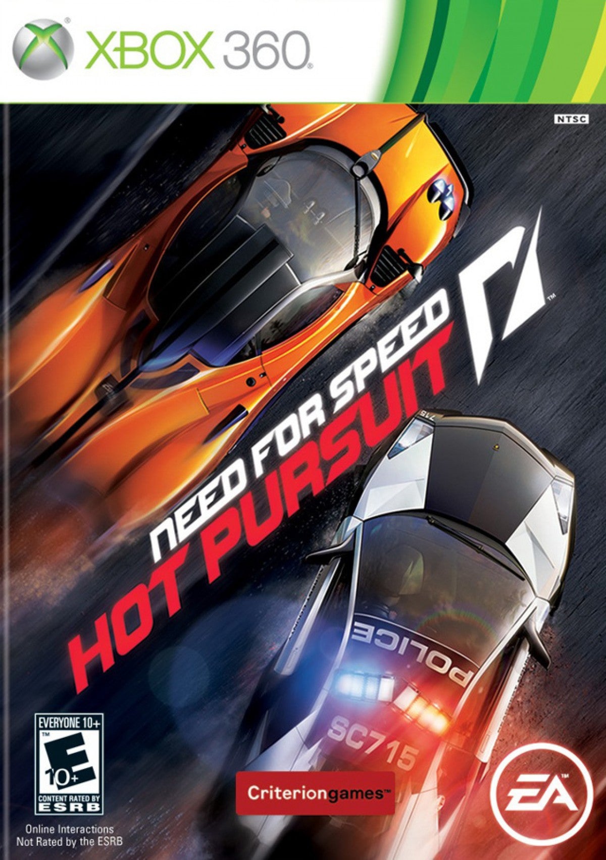 Need for Speed Hot Pursuit Xbox 360 video game, arcade racing action, high-speed police chases, multiplayer and online gameplay, console title front cover
