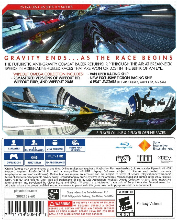 Wipeout Omega Collection – PlayStation 4 (PS4) video game back of case, futuristic racing simulation.