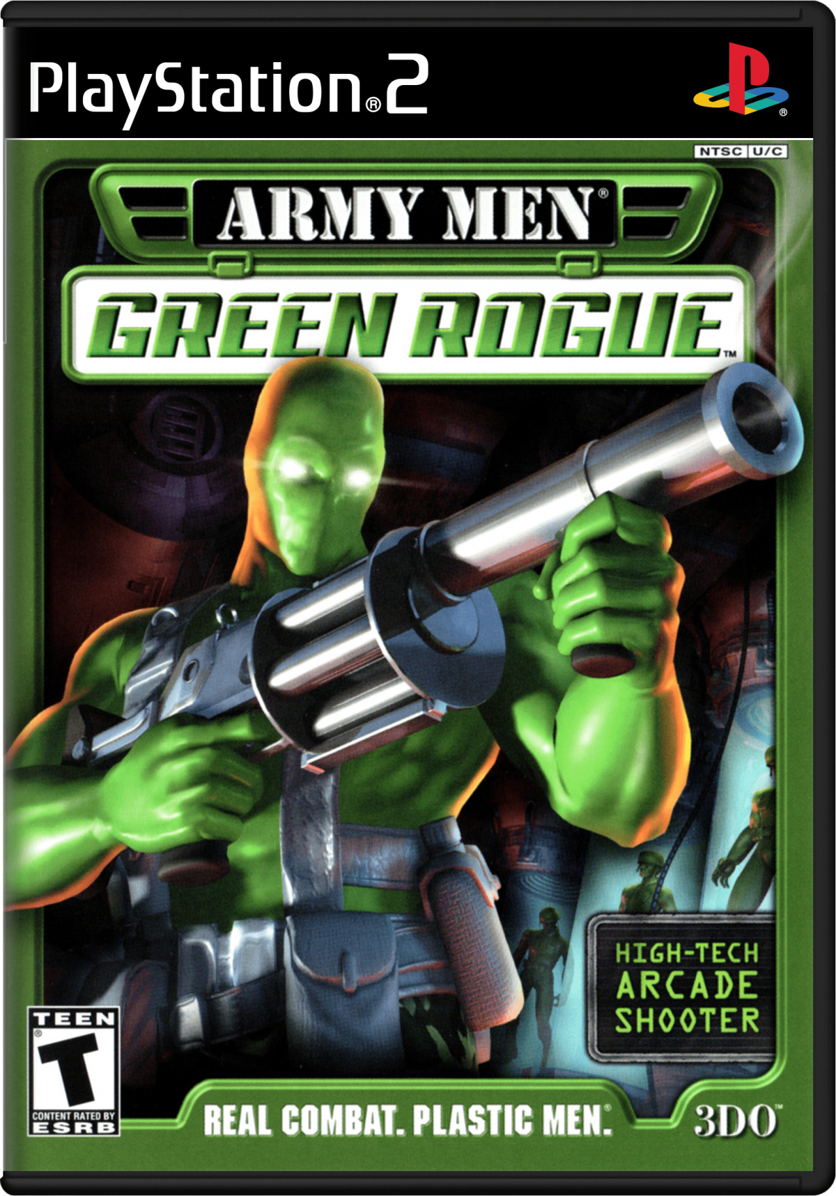 Army Men Green Rogue PS2 game for PlayStation 2 featuring run-and-gun arcade shooter action cover art