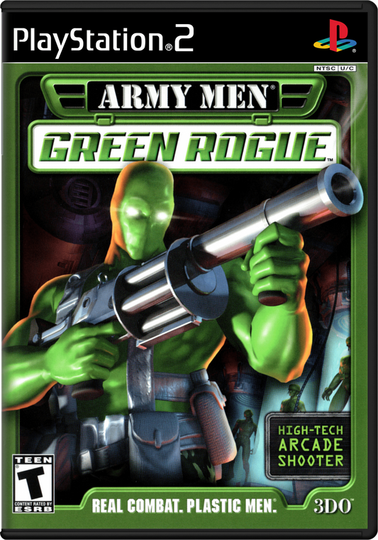 Army Men Green Rogue PS2 game for PlayStation 2 featuring run-and-gun arcade shooter action cover art
