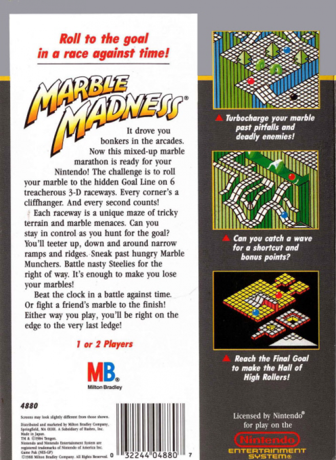 Marble Madness back of box for Nintendo Entertainment System (NES) retro video game