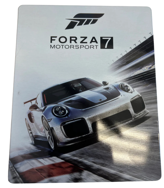 Forza Motorsport 7 Ultimate Edition Steelbook Xbox One XONE racing simulation game Microsoft Studios Turn 10 Studios motorsport racing cars hypercars track racing realistic driving physics automotive racing game collector steelbook edition Xbox racing game disc edition ultimate content pack bonus cars tracks garage customization driving simulator front cover