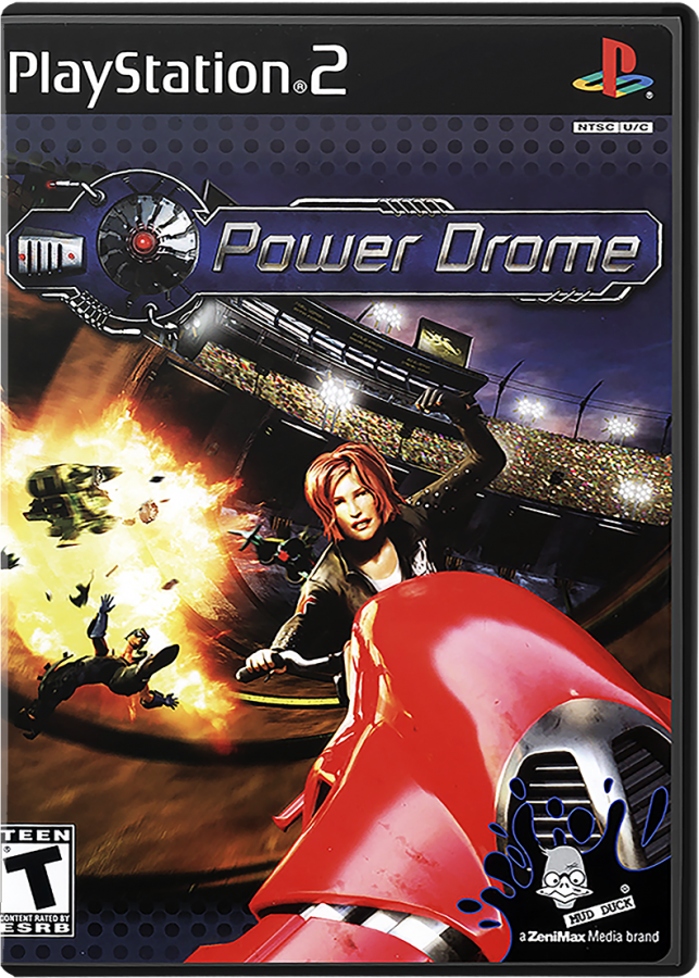 Power Drome – PlayStation 2 (PS2) video game cover image, futuristic racing simulation game.