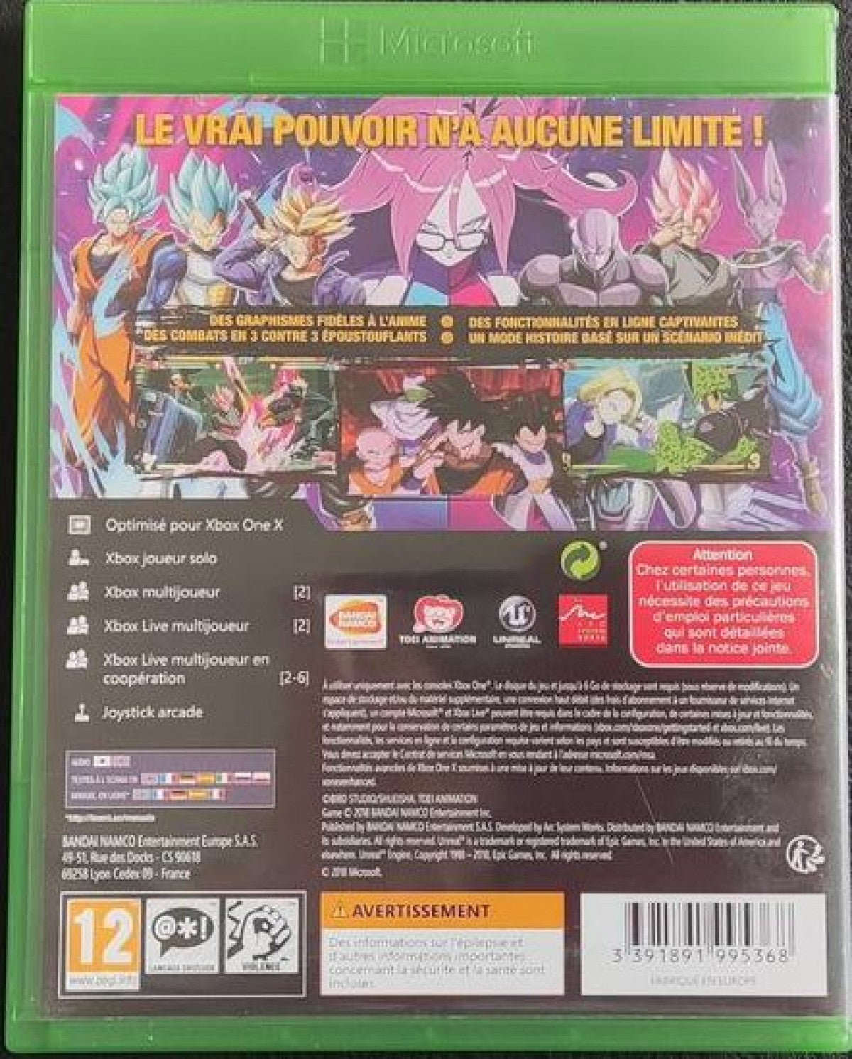 Dragon Ball FighterZ Day One Edition Xbox One fast-paced 2D anime fighting game with explosive combos and iconic Dragon Ball characters back cover art