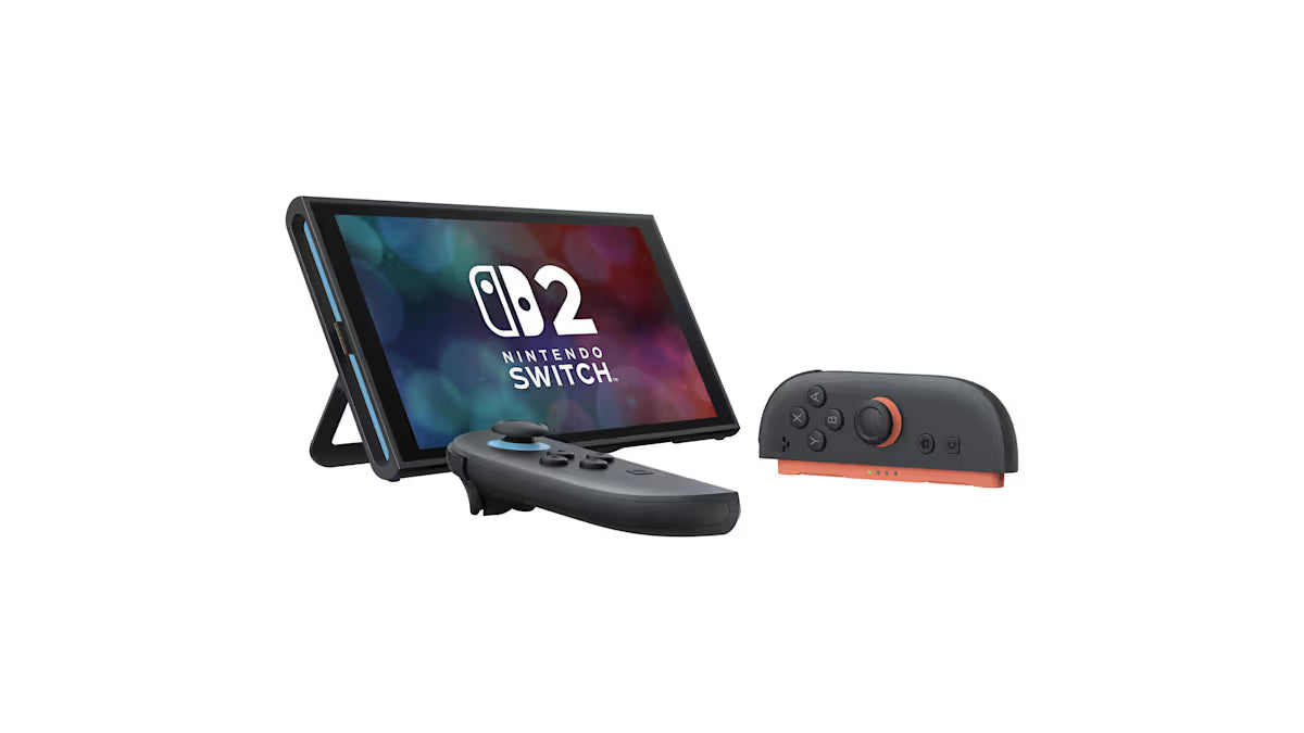 Nintendo Switch 2 Console with Dock Scratch and Scuff Condition Nintendo Switch 2 NS2 gaming system featuring hybrid home and handheld gaming touchscreen display detachable Joy Con controller compatibility TV dock connectivity upgraded graphics enhanced performance portable gaming functionality and official Nintendo hardware retro gaming collection collectible console appeal angeled view