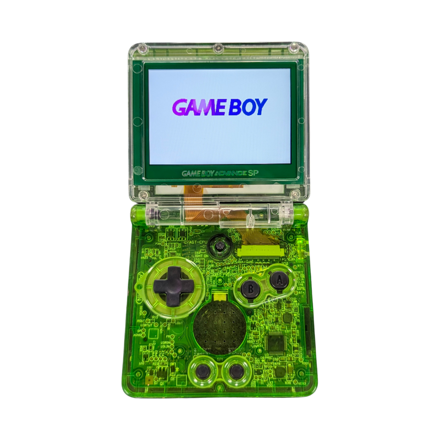 Game Boy Advance SP (GBA SP) [Custom Green Shell & IPS Screen Mod] at Gamers INC, featuring a vibrant, high-definition backlit IPS display for superior clarity and brightness, housed in a custom-built green shell with a modern aesthetic, offering a premium handheld experience for playing your entire library of classic GBA, GBC, and GB games on an upgraded system open and turned on