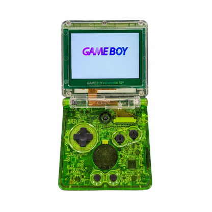 Game Boy Advance SP (GBA SP) [Custom Green Shell & IPS Screen Mod] at Gamers INC, featuring a vibrant, high-definition backlit IPS display for superior clarity and brightness, housed in a custom-built green shell with a modern aesthetic, offering a premium handheld experience for playing your entire library of classic GBA, GBC, and GB games on an upgraded system open and turned on