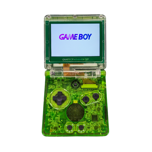Game Boy Advance SP (GBA SP) [Custom Green Shell & IPS Screen Mod] at Gamers INC, featuring a vibrant, high-definition backlit IPS display for superior clarity and brightness, housed in a custom-built green shell with a modern aesthetic, offering a premium handheld experience for playing your entire library of classic GBA, GBC, and GB games on an upgraded system open and turned on