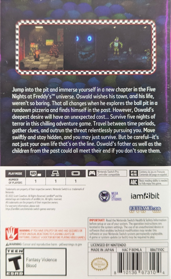 Five Nights At Freddy’s Into The Pit Nintendo Switch survival horror adventure game based on the Fazbear Frights book time travel mechanics pixel art style back cover art