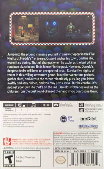 Five Nights At Freddy’s Into The Pit Nintendo Switch survival horror adventure game based on the Fazbear Frights book time travel mechanics pixel art style back cover art