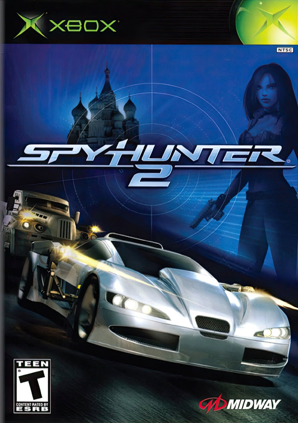 Spy Hunter 2 Xbox XBOX video game featuring vehicular combat action gameplay high speed spy car driving weapon equipped vehicles enemy pursuit missions machine guns missile attacks road combat explosive obstacles secret agent action and classic Xbox arcade driving gameplay retro video game collection collectible gaming appeal front cover