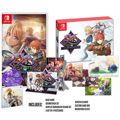 Ys Memoire The Oath in Felghana Refined Edition Nintendo Switch NS for action role playing video game fans featuring fast paced combat fantasy adventure exploration challenging boss battles character progression magical abilities enhanced refined edition content classic Falcom JRPG gameplay collectible gaming appeal cartidge OST keychain screen cleaer towel cloth postcards