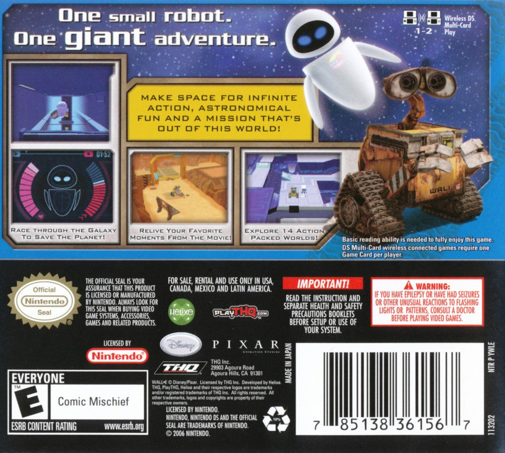 Wall E retro Nintendo DS video game Wall E animated adventure puzzle platform gameplay Disney Pixar sci fi robot exploration family friendly handheld console title Nintendo DS release back of case