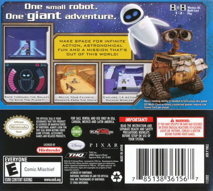 Wall E retro Nintendo DS video game Wall E animated adventure puzzle platform gameplay Disney Pixar sci fi robot exploration family friendly handheld console title Nintendo DS release back of case