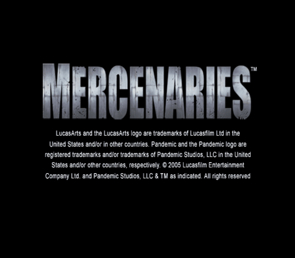 Mercenaries: Playground of Destruction PlayStation 2 title screen featuring explosive open-world combat with soldiers, vehicles, and destructible environments.