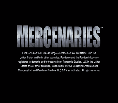 Mercenaries: Playground of Destruction PlayStation 2 title screen featuring explosive open-world combat with soldiers, vehicles, and destructible environments.